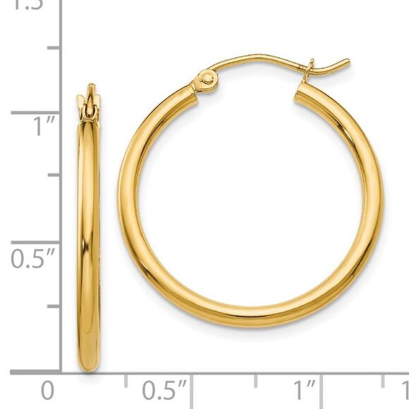 2mm x 25mm 14k Yellow Gold Classic Round Hoop Earrings - Picture 4 of 5